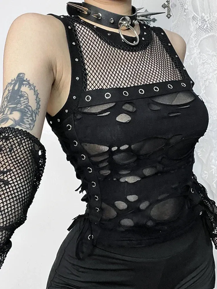 2024 See Lace-up Cyber Mall Sexy Streetwear Crop Through Gothic Hole Punk Fashion Rave Top