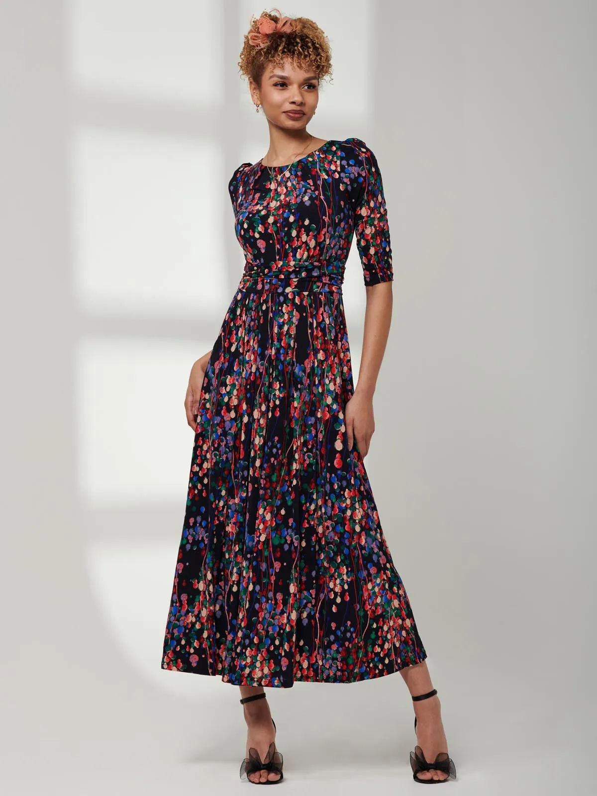 3/4 Sleeve Print Jersey Maxi Dress, Navy Multi