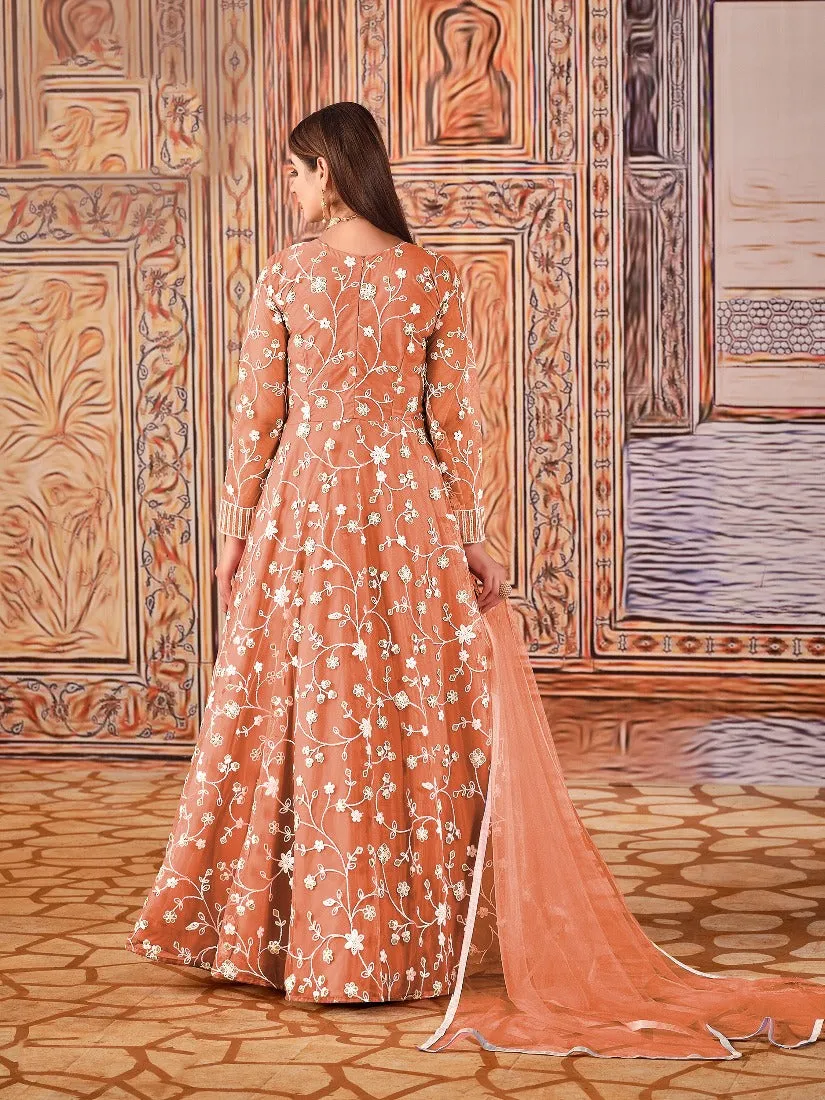 Abaya Style Peach Thread Floor Length Anarkali Suit