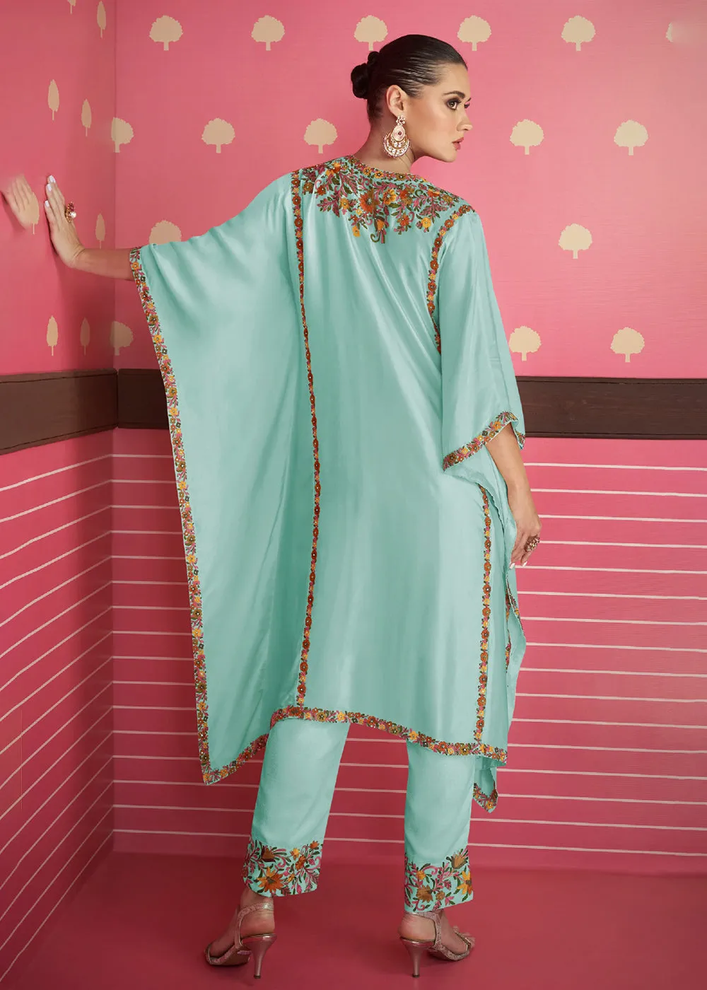 Aqua Blue Silk Satin Kaftan Style Chinon Pant Style Suit