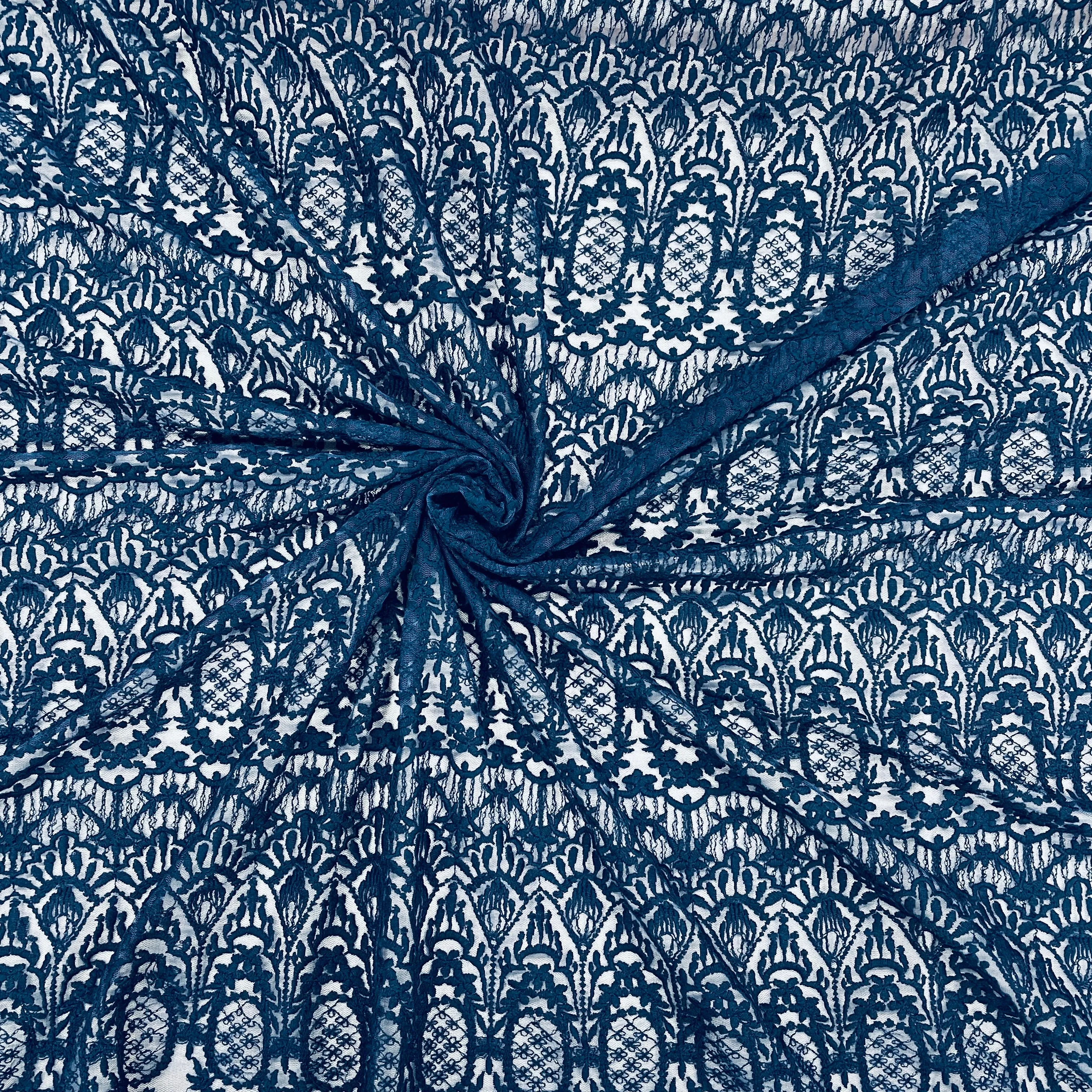 Azure Blue Floral Print Lace Fabric