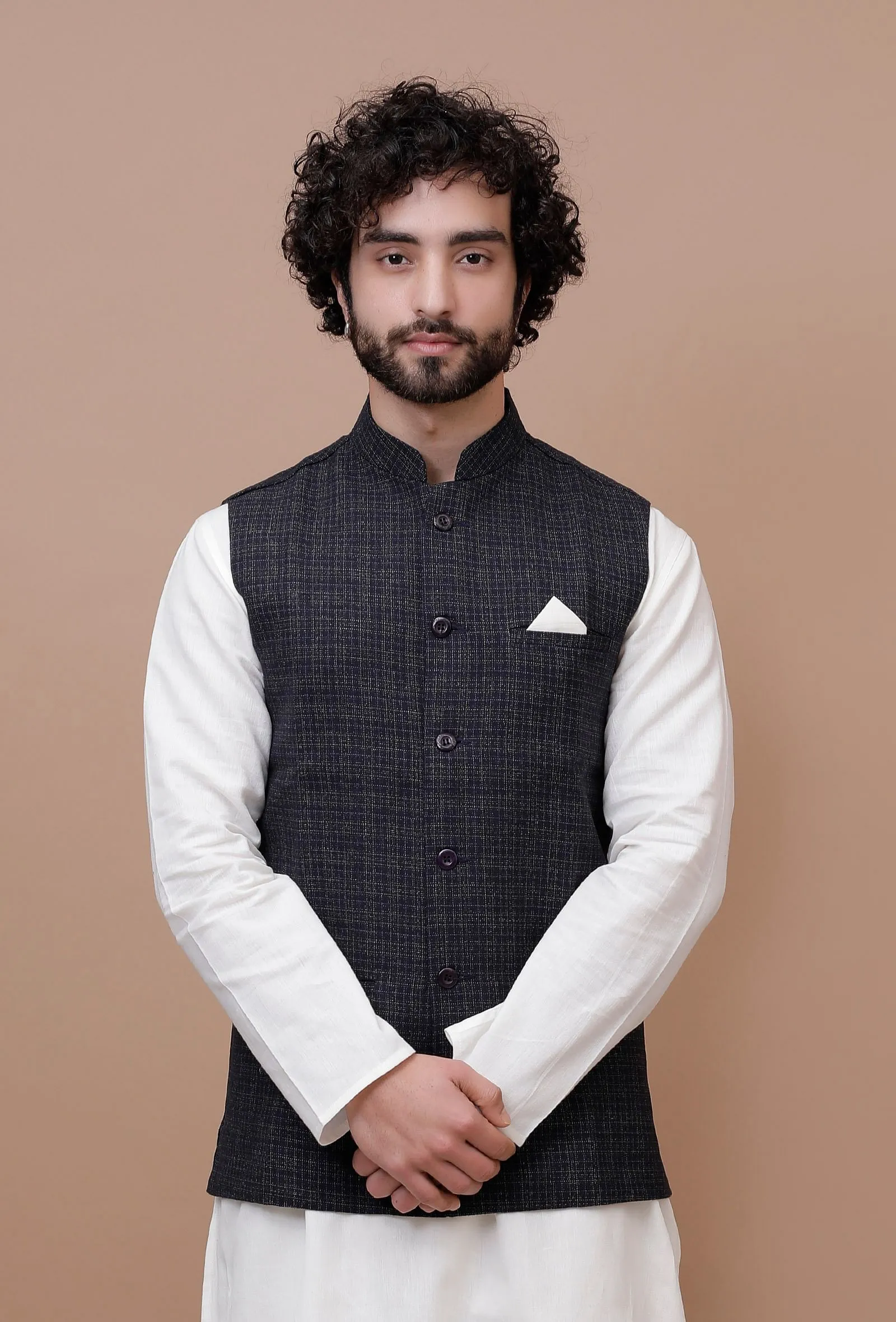 Black Check Woolen Nehru Jacket