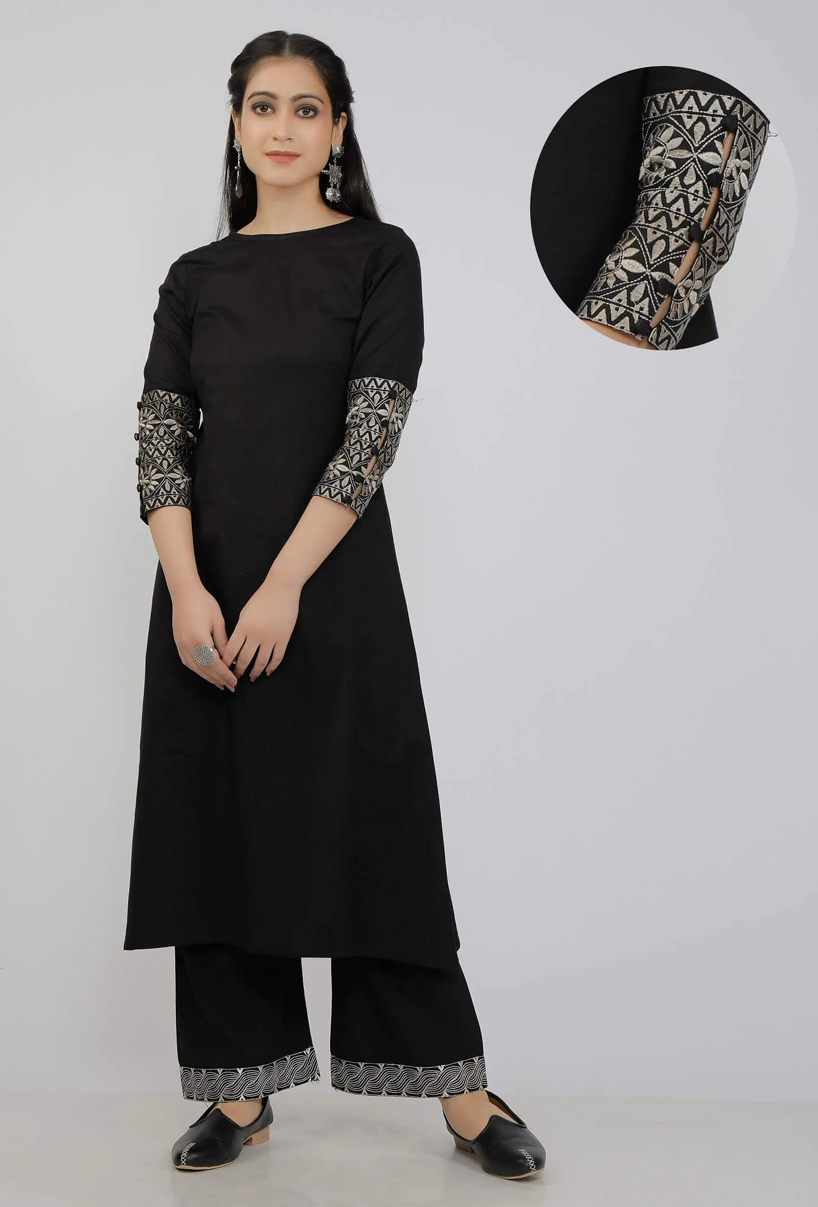 Black Kurta With Kantha Embroidery