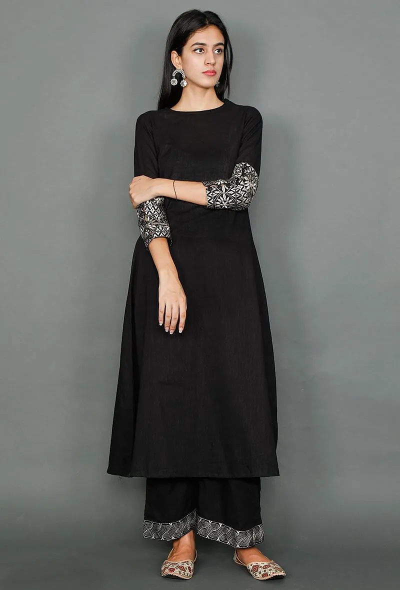 Black Kurta With Kantha Embroidery