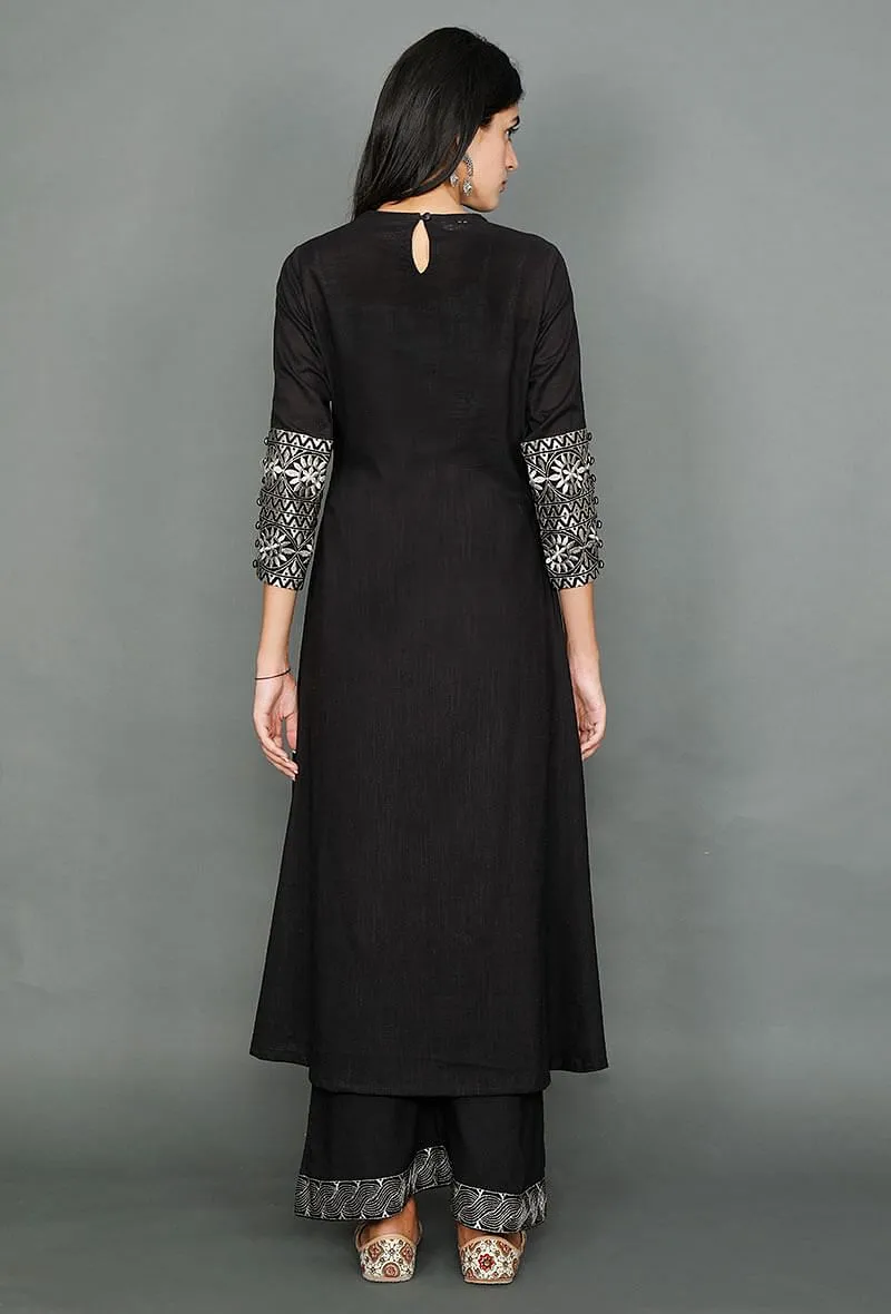 Black Kurta With Kantha Embroidery