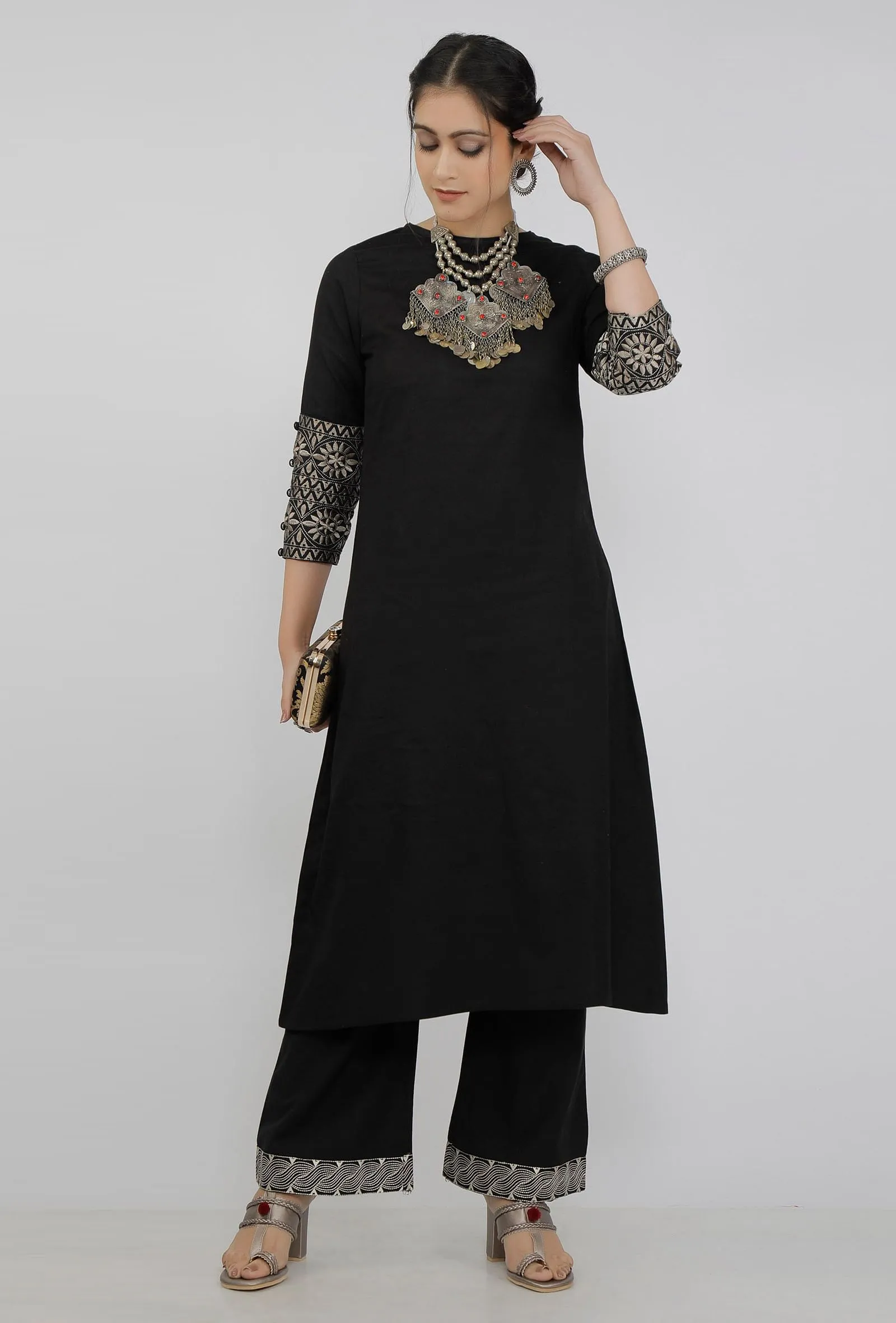 Black Kurta With Kantha Embroidery