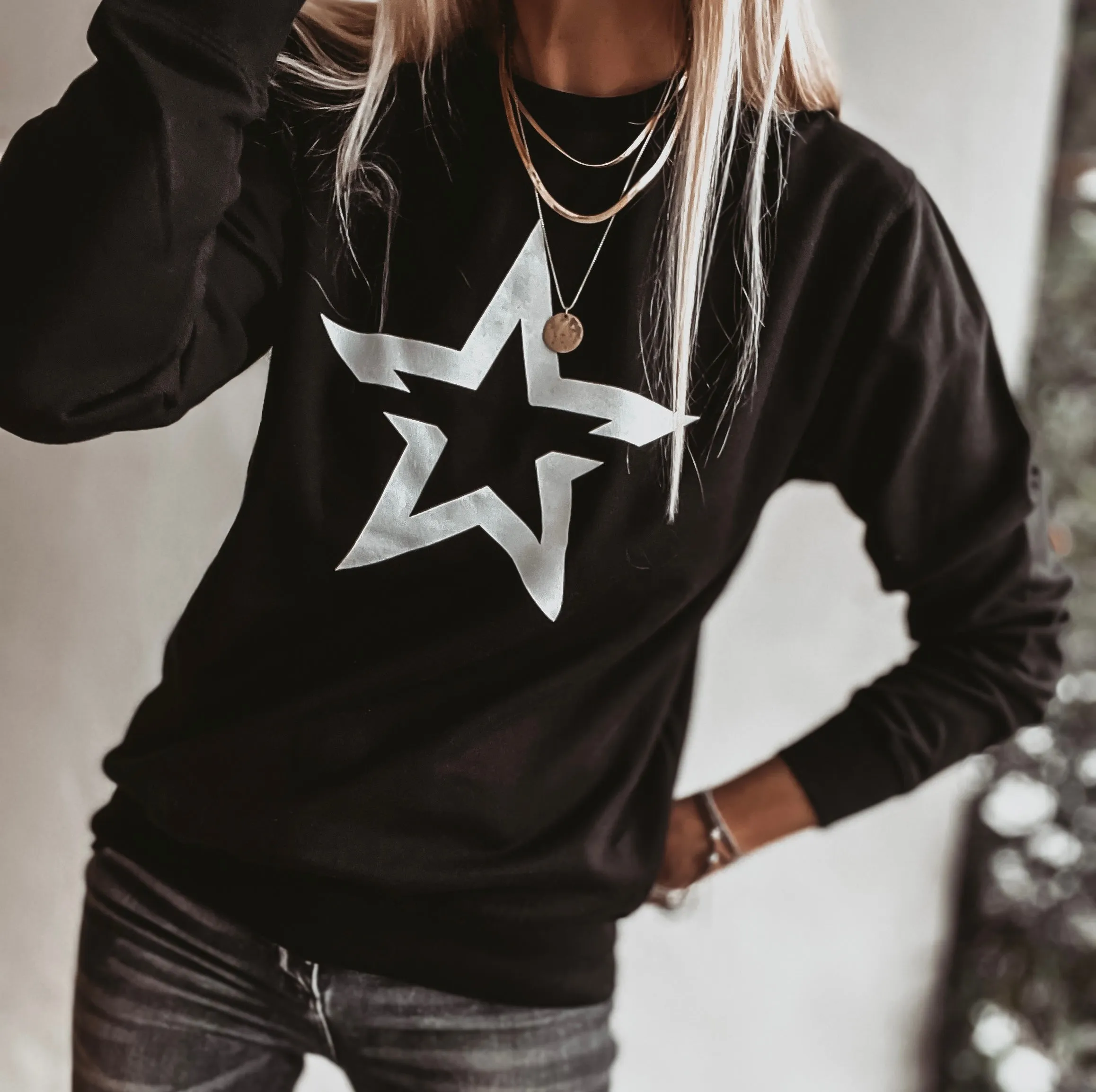 Black sweatshirt with a striking white star *boyfriend fit* *back in stock*