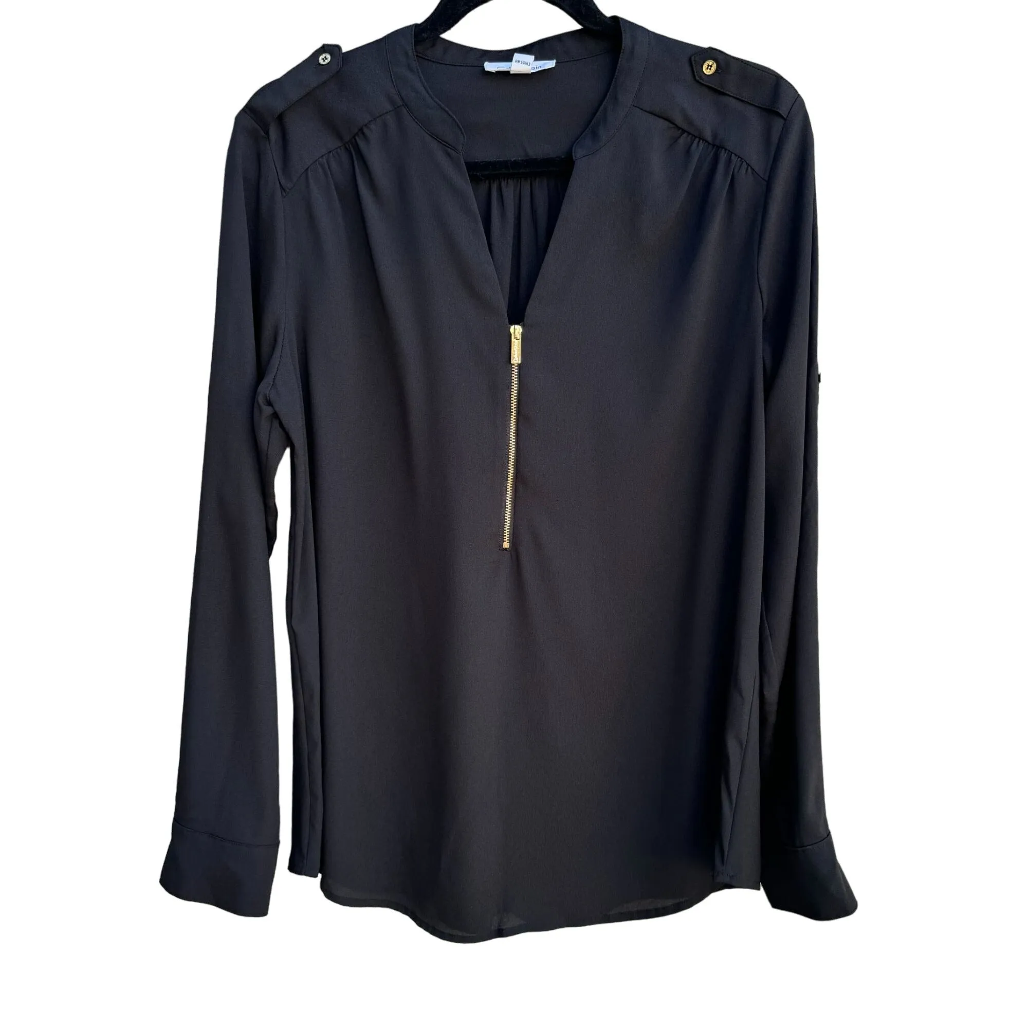 Calvin Klein Women's Black Long Sleeve Roll Tab Blouse With Gold Zipper Detail M