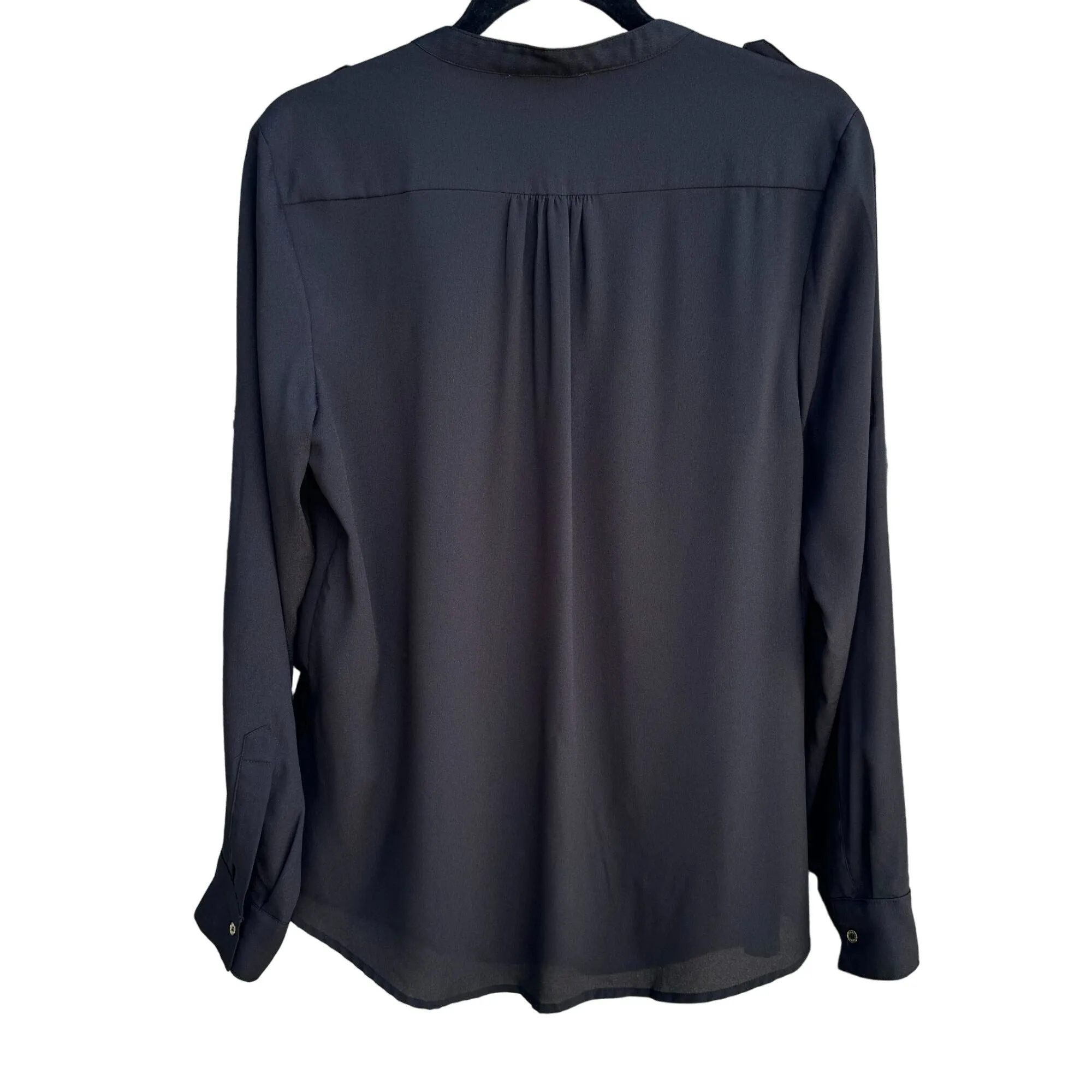 Calvin Klein Women's Black Long Sleeve Roll Tab Blouse With Gold Zipper Detail M