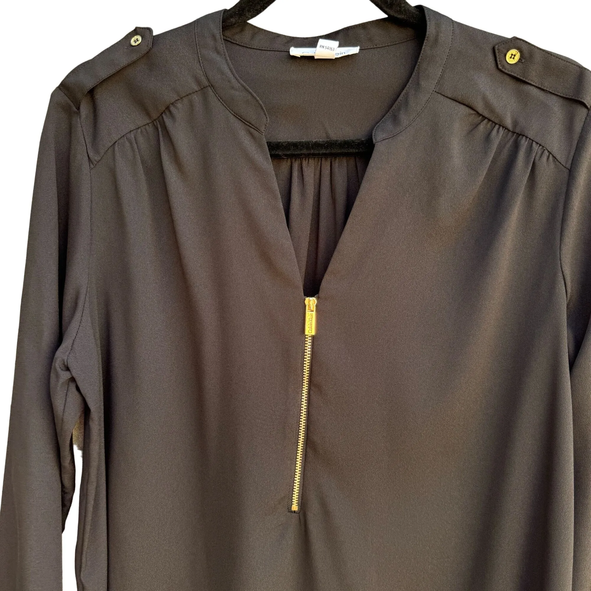 Calvin Klein Women's Black Long Sleeve Roll Tab Blouse With Gold Zipper Detail M