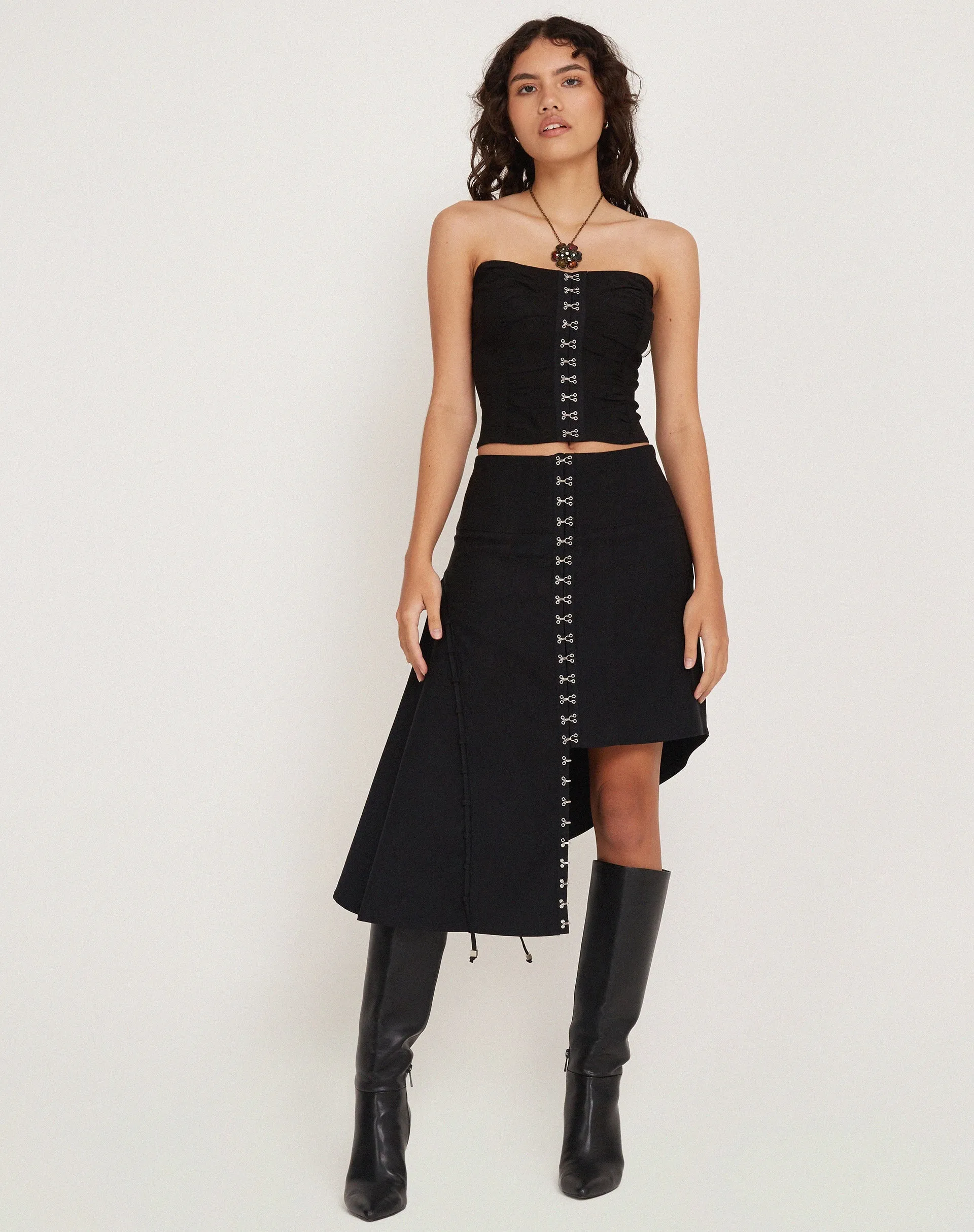 Carlisia Asymmetrical Midi Skirt in Black