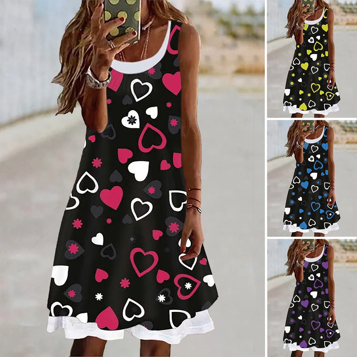 Casual Dress Heart Printed Fake Two Piece Sleeveless Tank Dresses Wholesale Womens Clothing N3824081400058