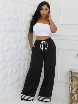 Casual Women Wear Loose Striped Contrast Color Pocket Wide Leg Pants Trousers