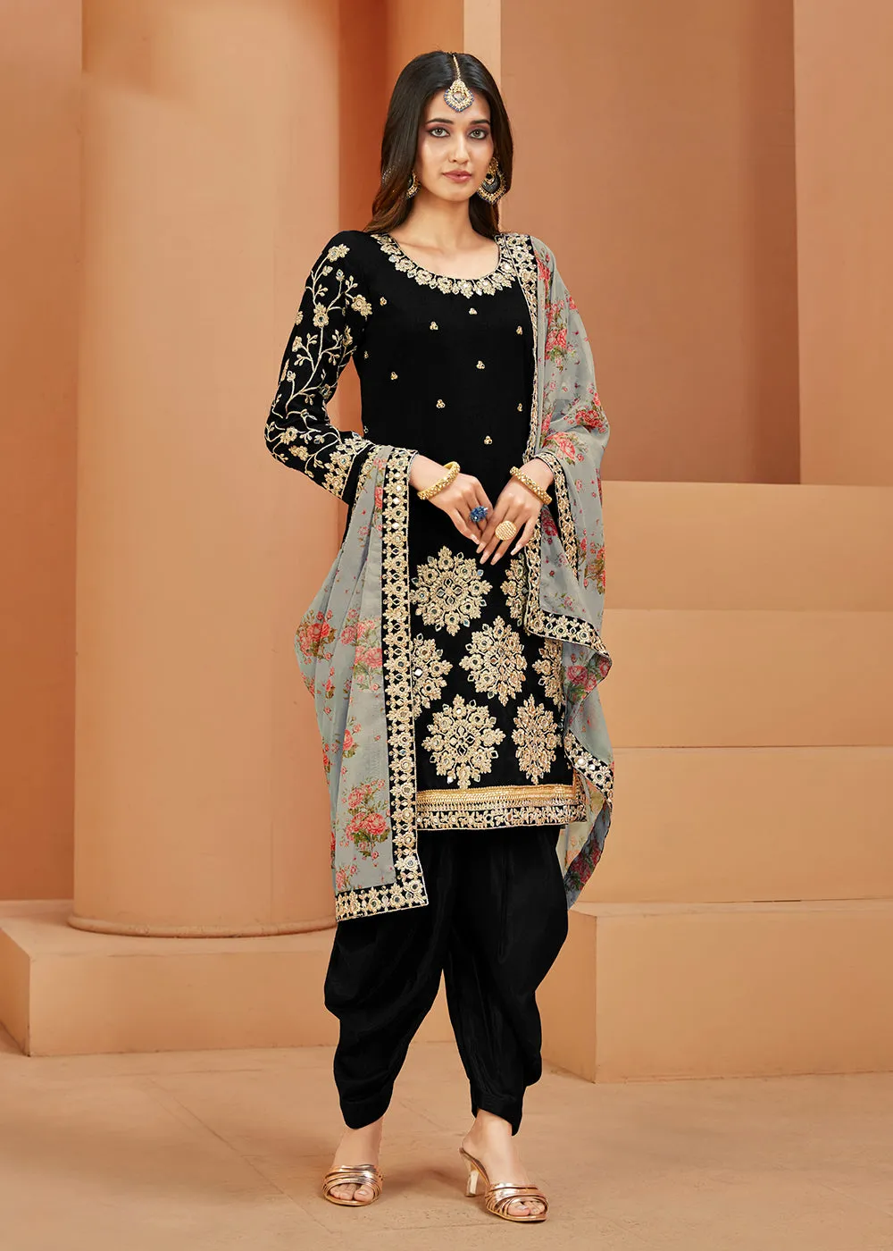 Charming Art Silk Black Mirror Embroidered Patiala Salwar Kameez