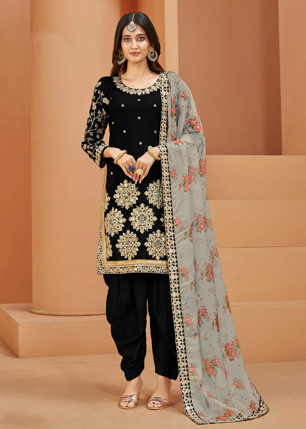 Charming Art Silk Black Mirror Embroidered Patiala Salwar Kameez