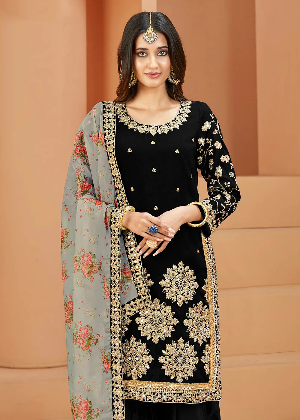 Charming Art Silk Black Mirror Embroidered Patiala Salwar Kameez