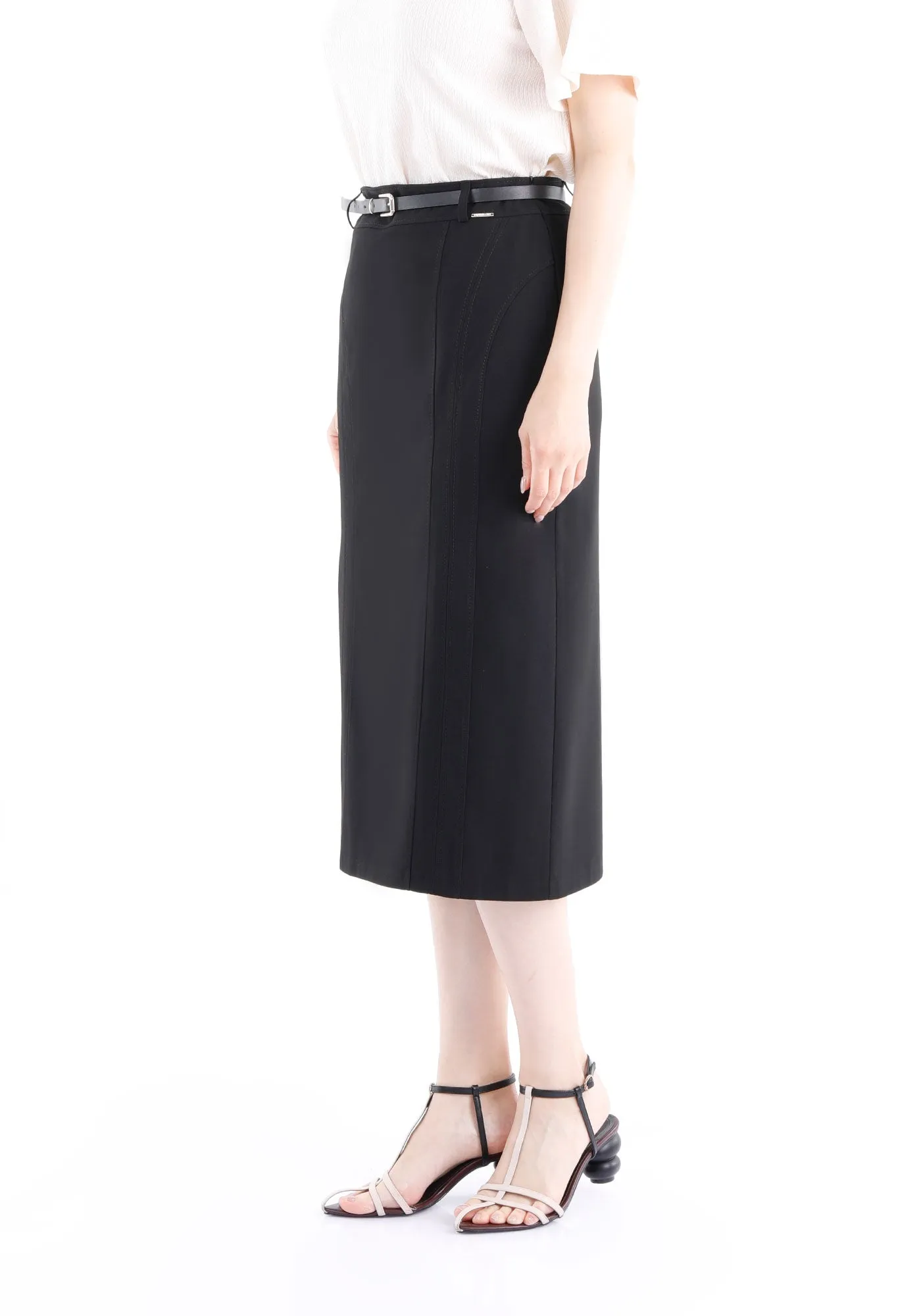 Classic High Waisted Midi Pencil Skirt with Belt