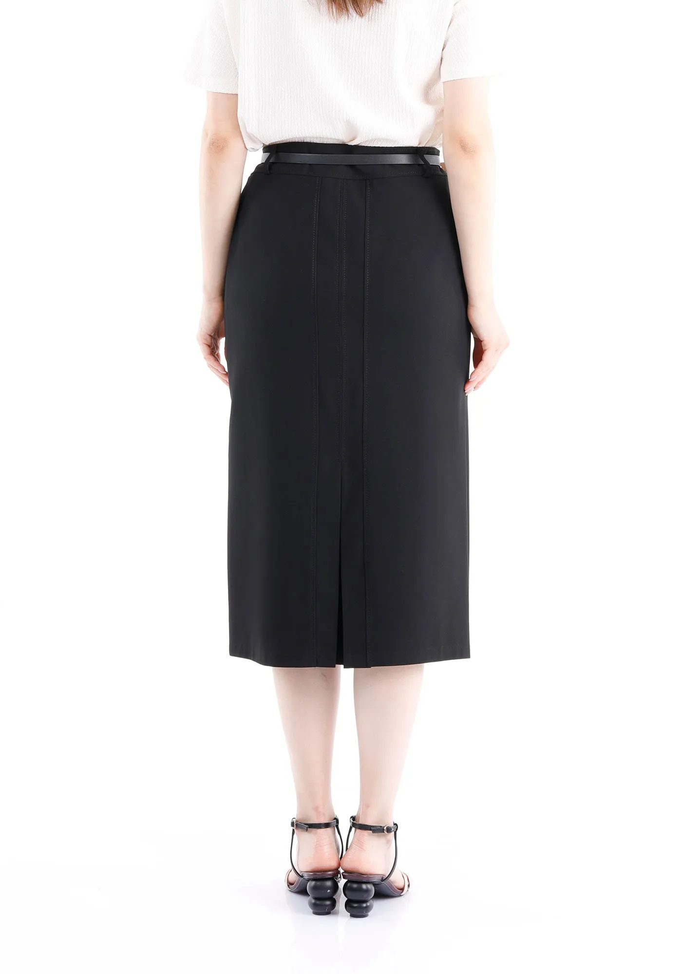 Classic High Waisted Midi Pencil Skirt with Belt