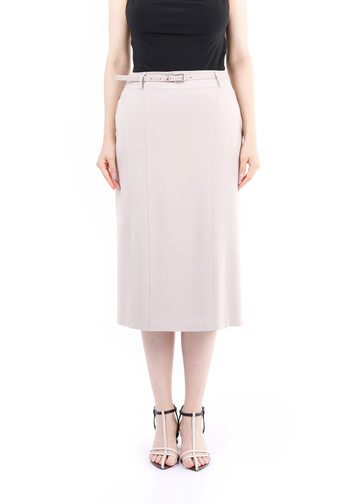 Classic High Waisted Midi Pencil Skirt with Belt