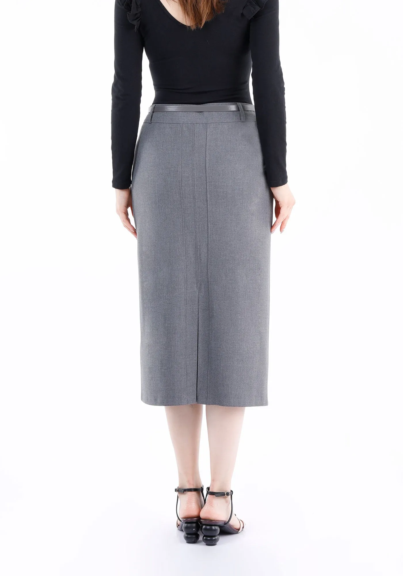 Classic High Waisted Midi Pencil Skirt with Belt