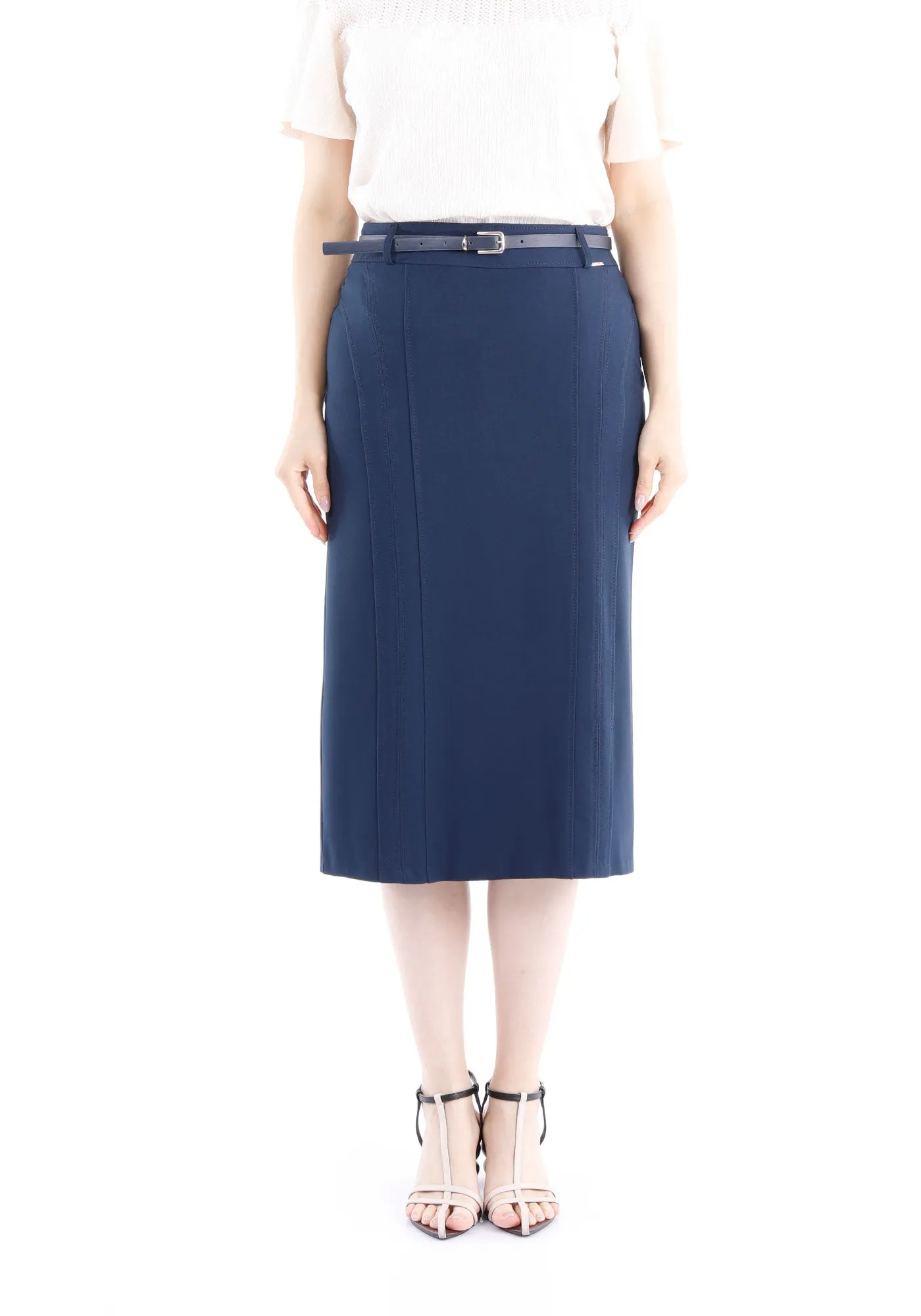 Classic High Waisted Midi Pencil Skirt with Belt