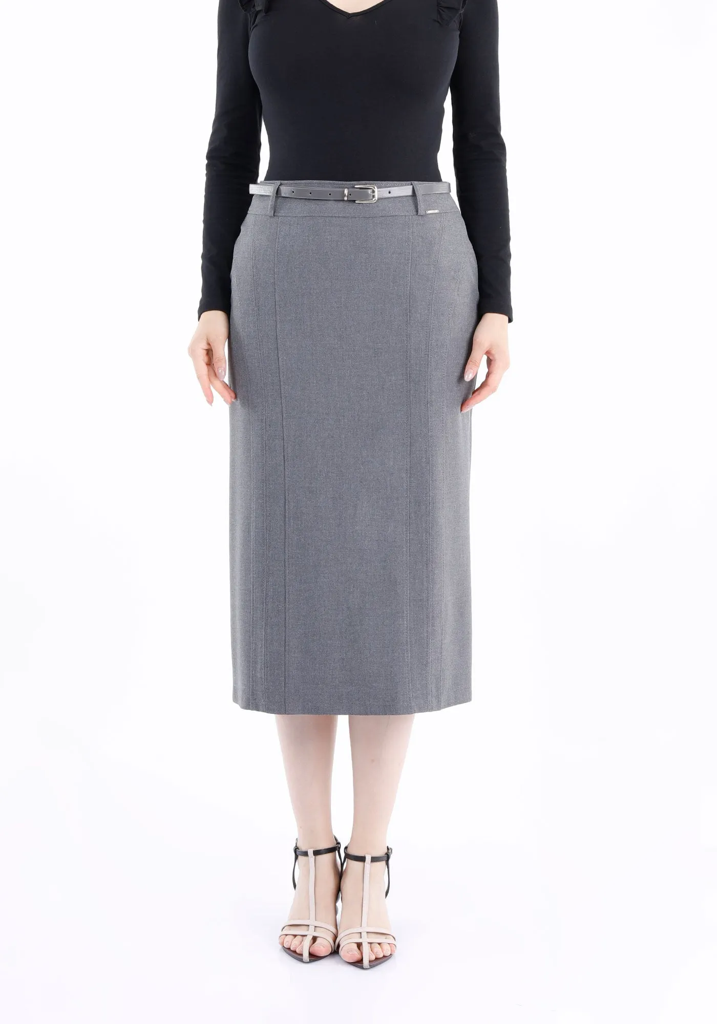 Classic High Waisted Midi Pencil Skirt with Belt