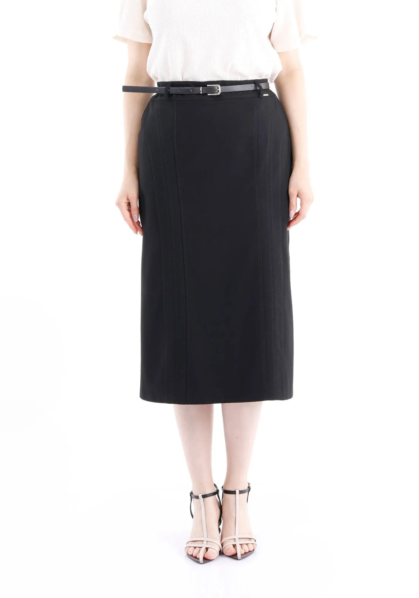 Classic High Waisted Midi Pencil Skirt with Belt