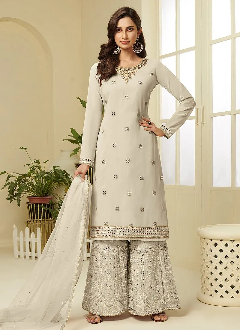 Cream Embroidered Faux Georgette Gota Work Sharara Suit