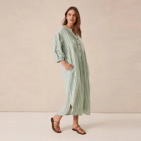 Crinkle Midi Dress - Grass Green   White Stripe