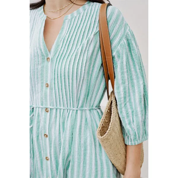 Crinkle Midi Dress - Grass Green   White Stripe