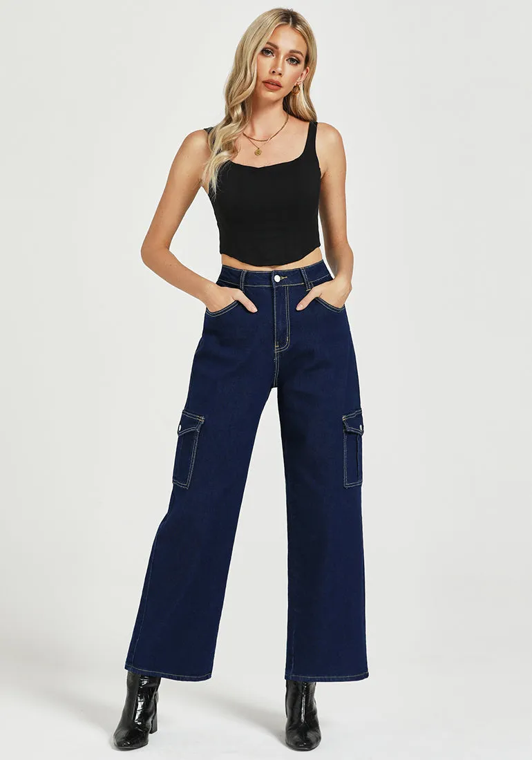 Dark Blue Women's Cargo Denim Relaxed Fit Y2K Wide Leg Pants