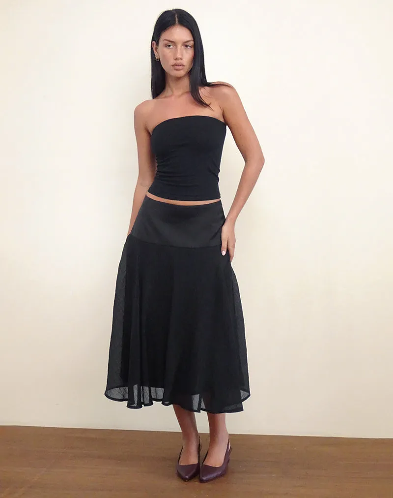 Diera Satin Chiffon Midi Skirt in Black