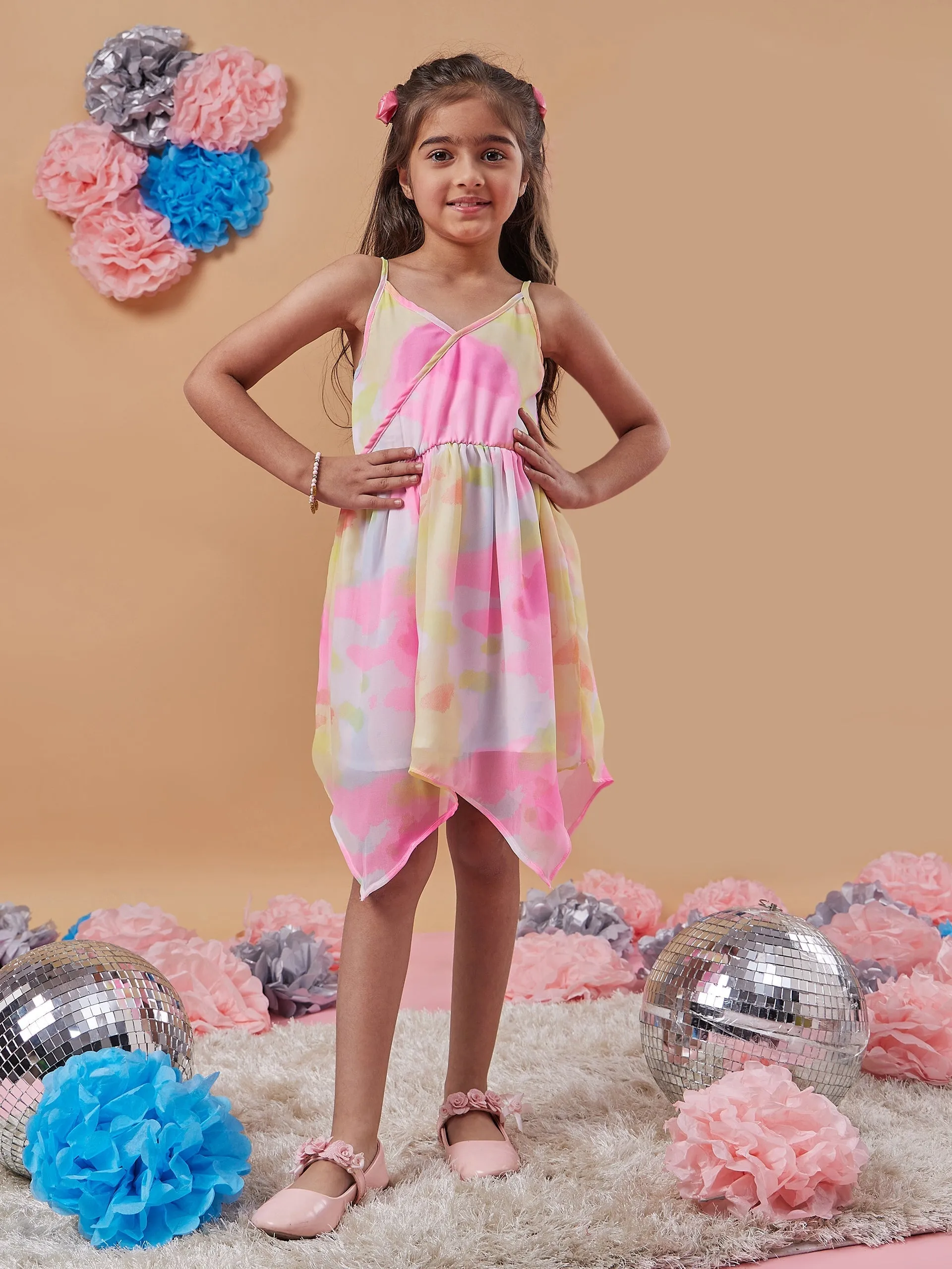 Girls Tie Dye Dyed Shoulder Straps Wrap Dress