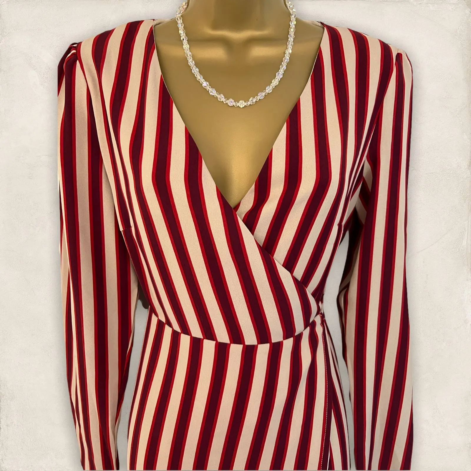 Glamorous Berry Red & Cream Striped Long Sleeve Wrap Dress UK 10 US 8 EU 38