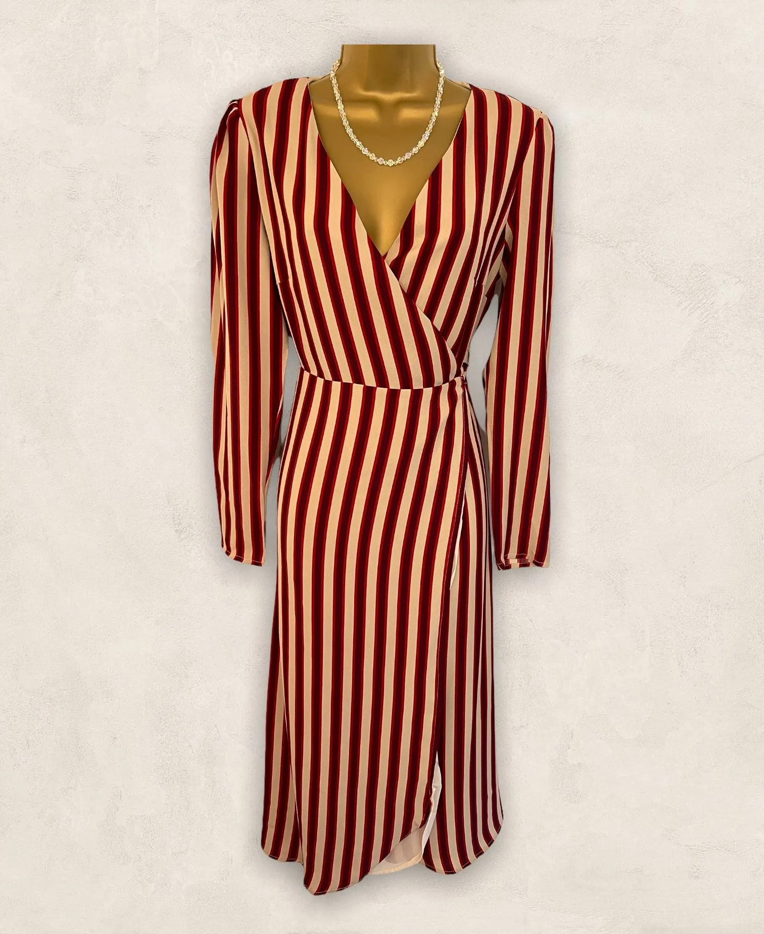 Glamorous Berry Red & Cream Striped Long Sleeve Wrap Dress UK 10 US 8 EU 38