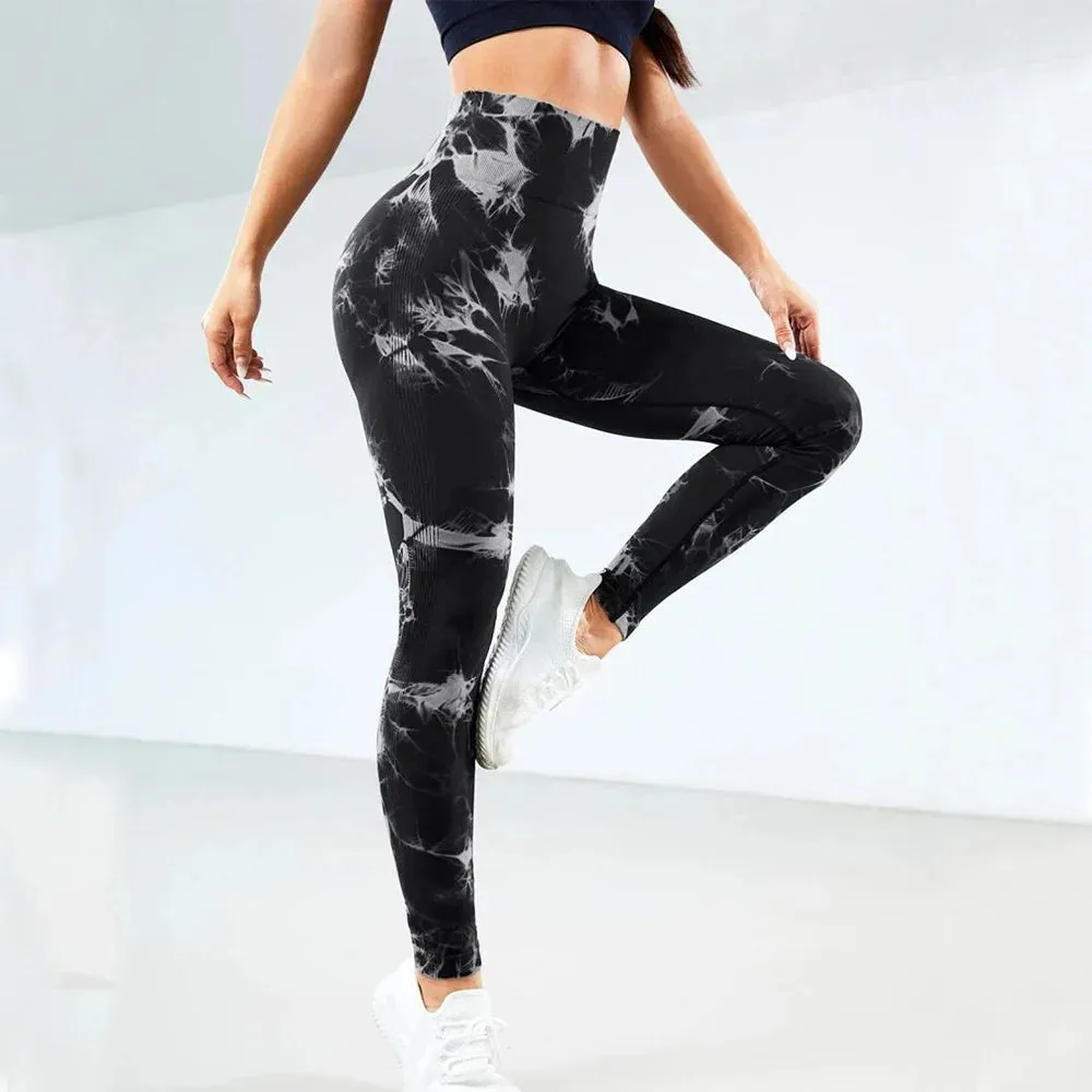 High Waist Seamless Push Up Yoga Fitness Legging - Bleach Tie Dye