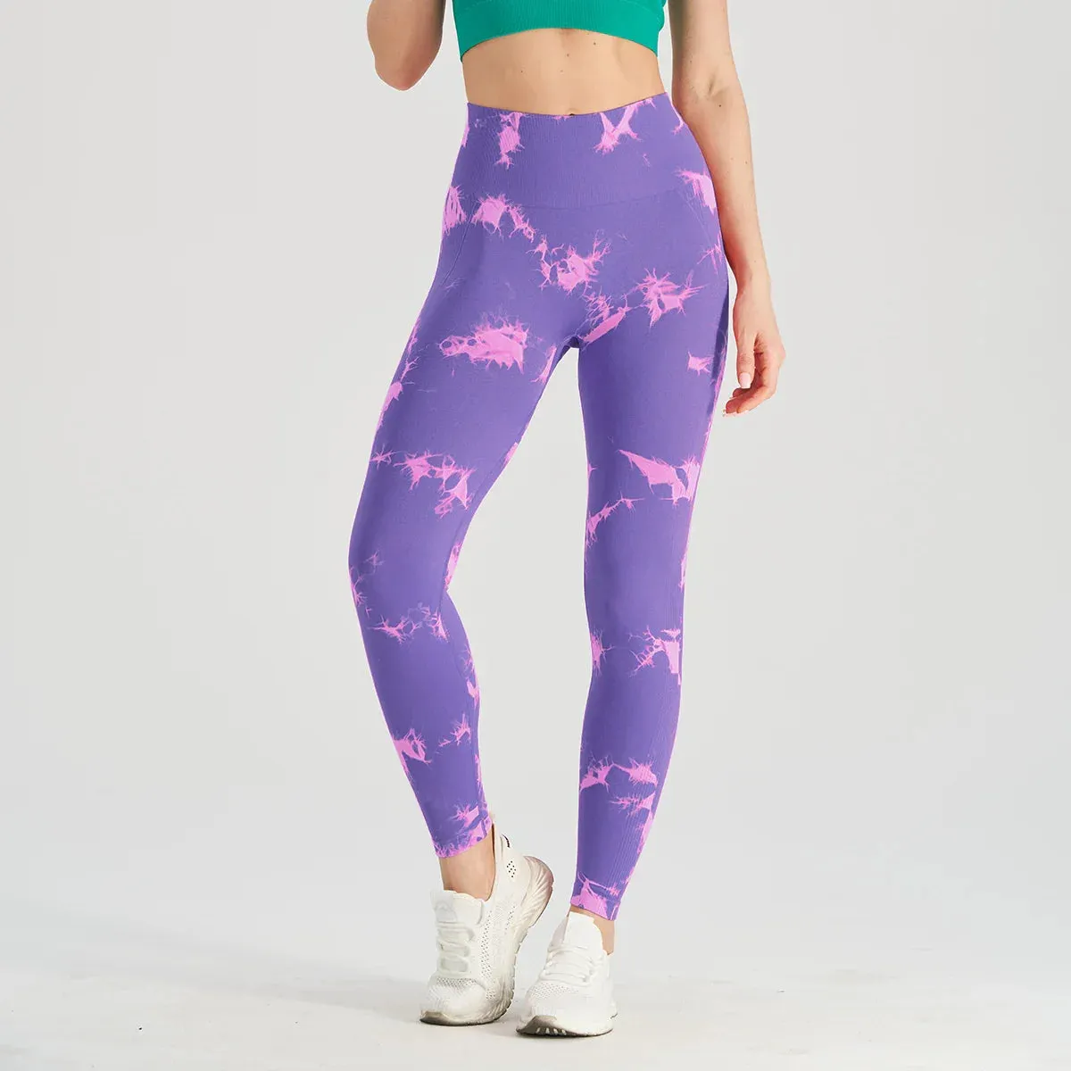 High Waist Seamless Push Up Yoga Fitness Legging - Bleach Tie Dye