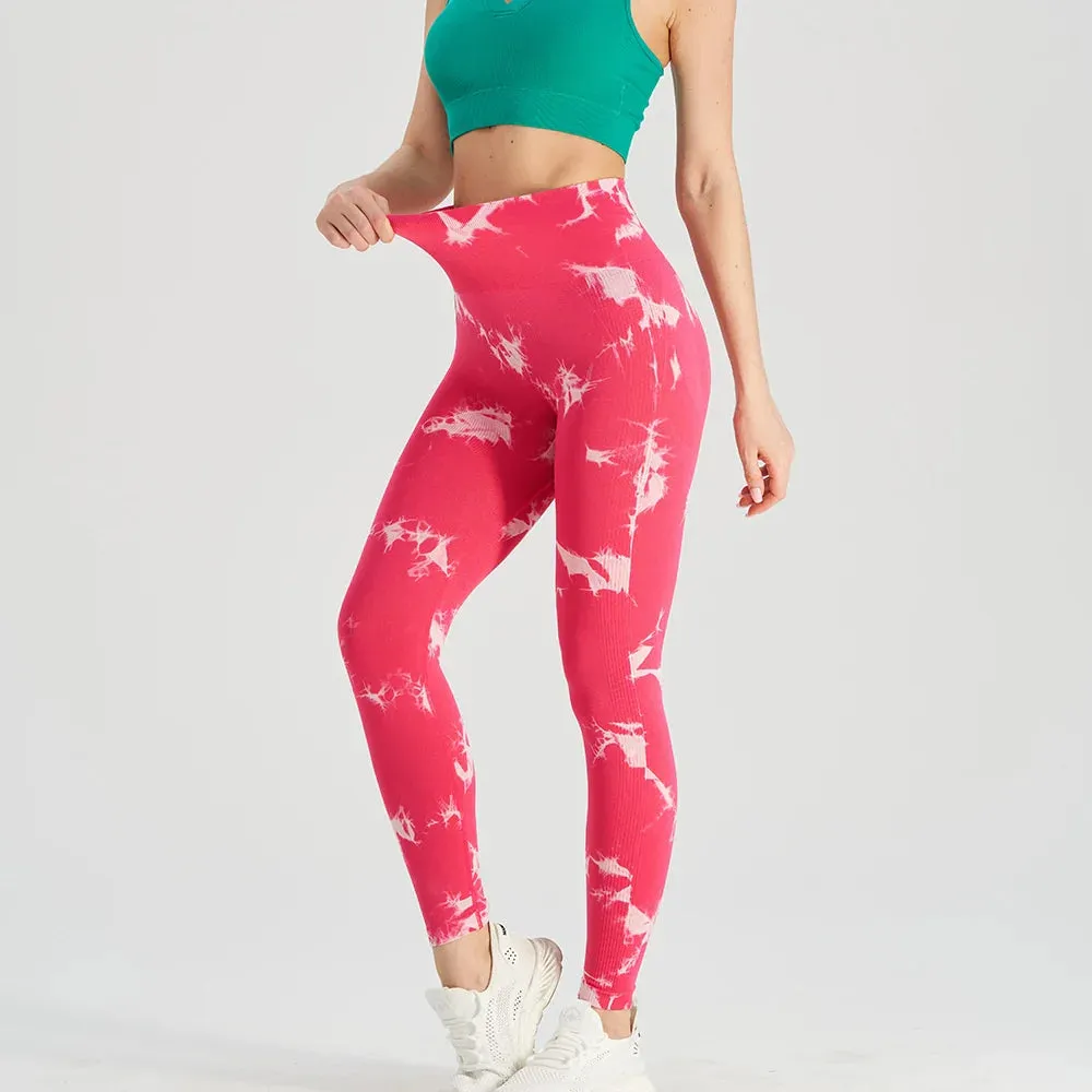 High Waist Seamless Push Up Yoga Fitness Legging - Bleach Tie Dye