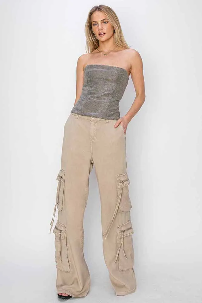 HR Wide Ankle Tencel Cargo Pants in Taupe by Risen