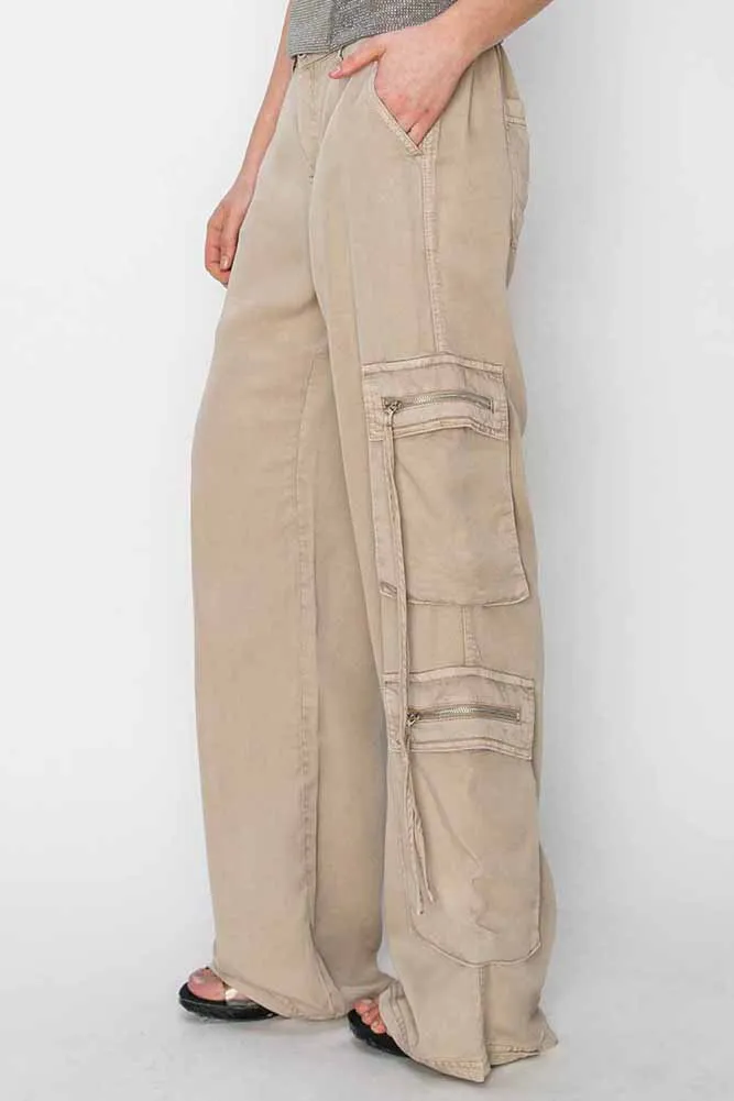 HR Wide Ankle Tencel Cargo Pants in Taupe by Risen