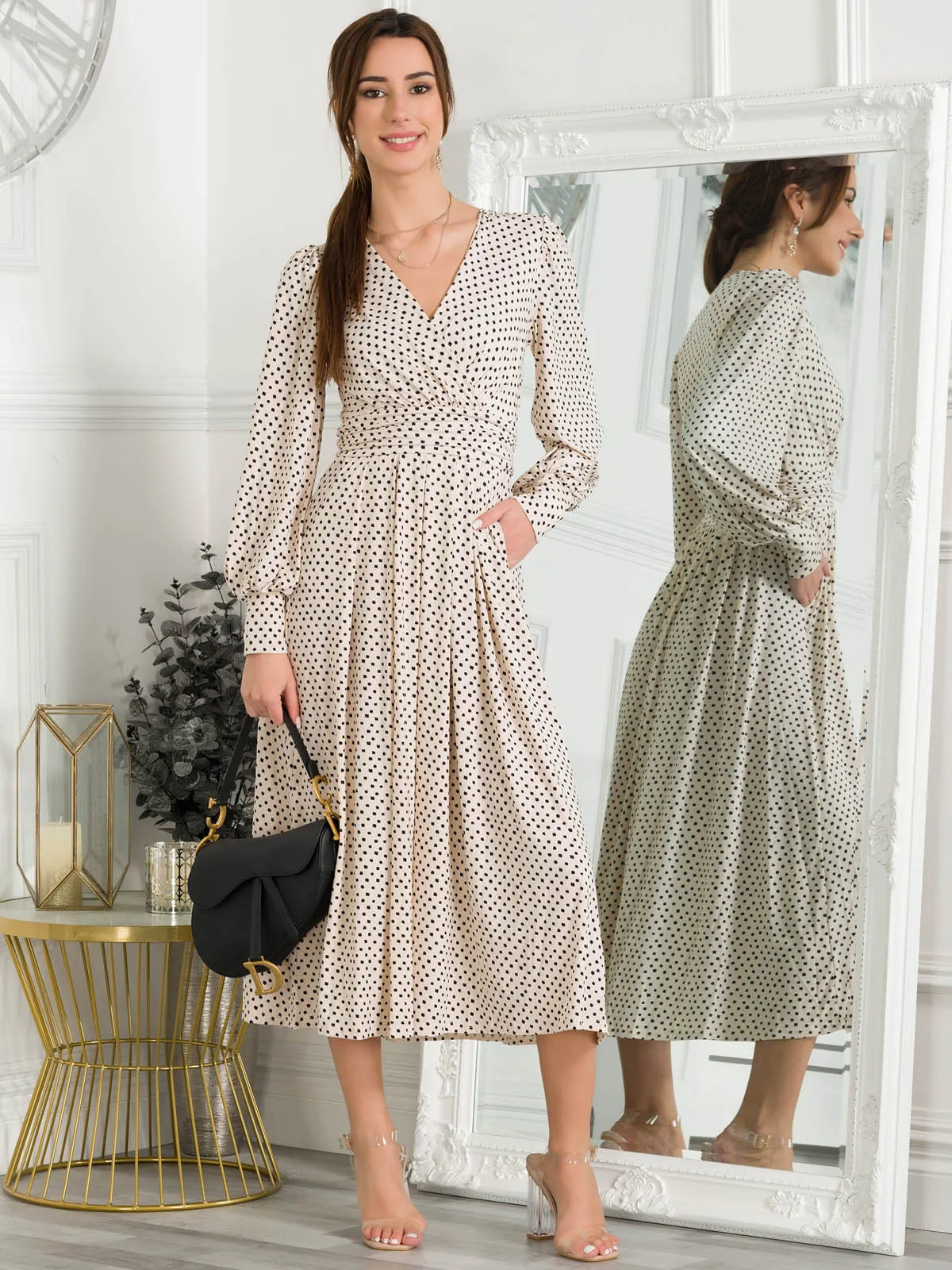 Jolie Moi Allyn Long Sleeved Maxi Dress, Cream Polka Dot