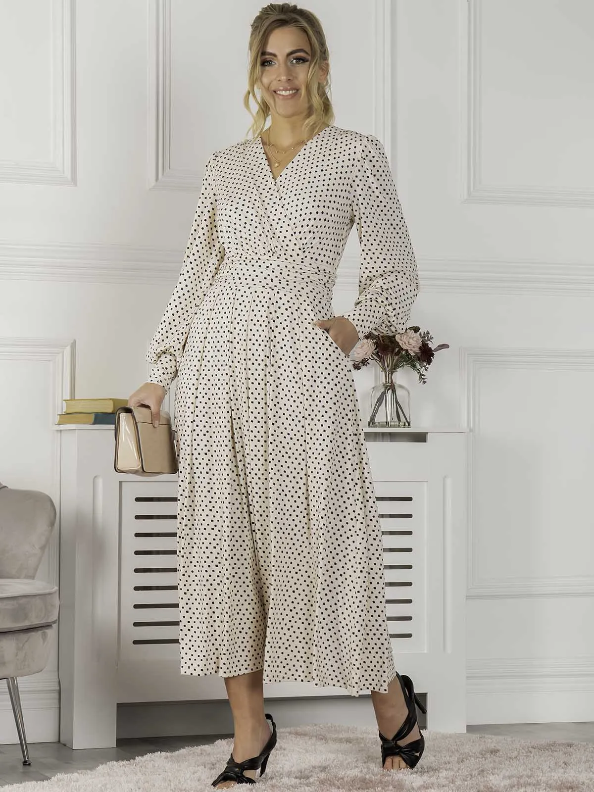 Jolie Moi Allyn Long Sleeved Maxi Dress, Cream Polka Dot