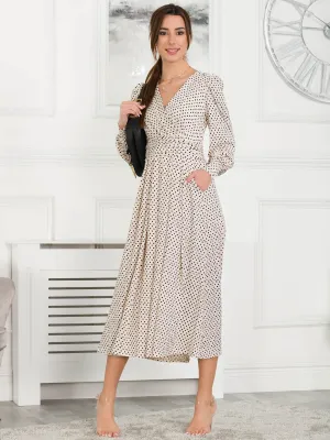 Jolie Moi Allyn Long Sleeved Maxi Dress, Cream Polka Dot