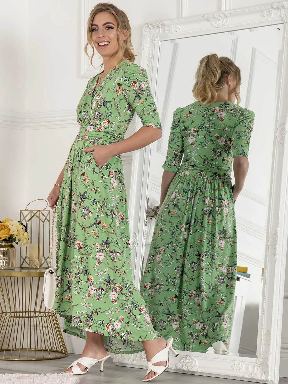 Jolie Moi Elenora Ruched Sleeve Maxi Dress, Green Floral