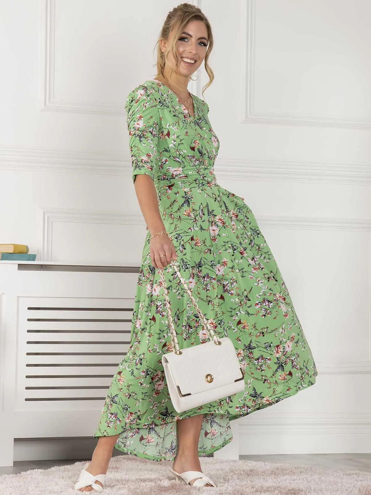 Jolie Moi Elenora Ruched Sleeve Maxi Dress, Green Floral