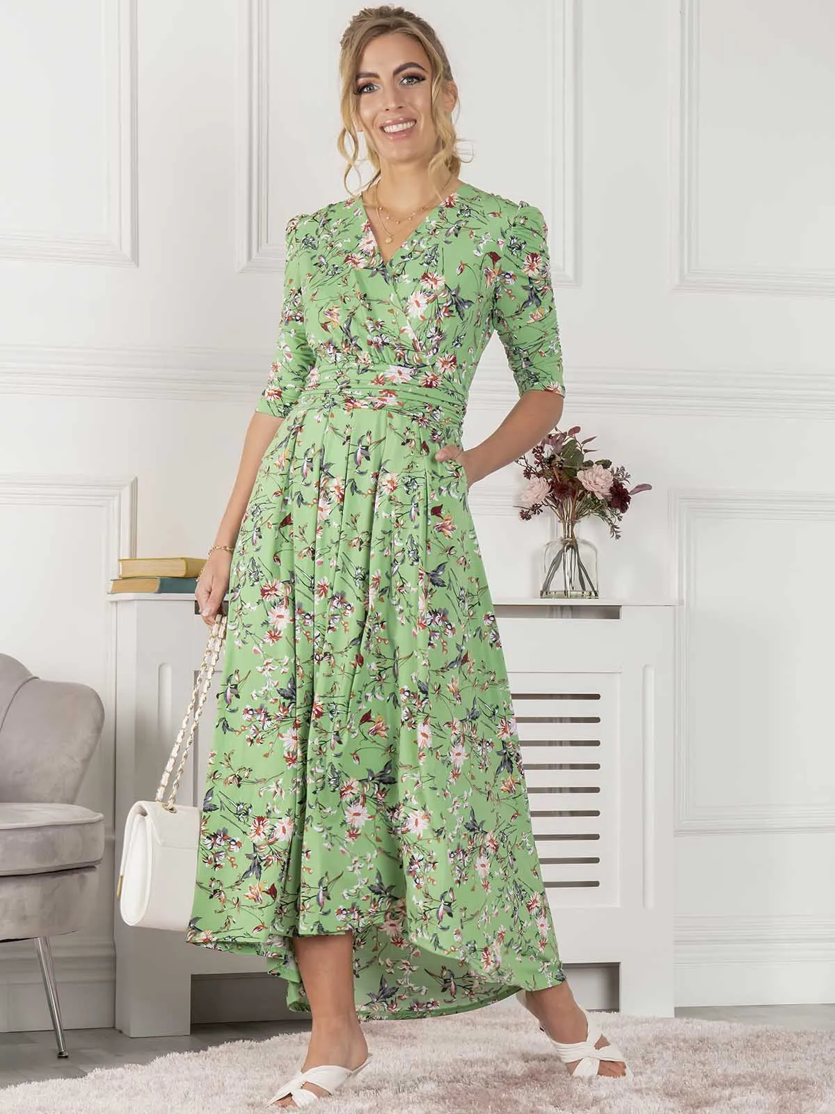 Jolie Moi Elenora Ruched Sleeve Maxi Dress, Green Floral