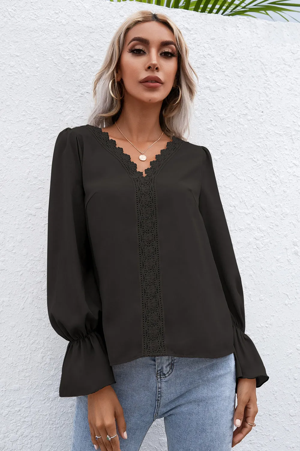 Lace Trim Flounce Sleeve Blouse, 3 Colors