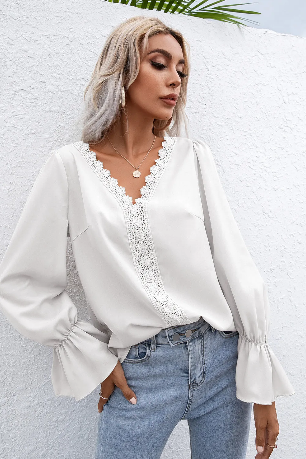 Lace Trim Flounce Sleeve Blouse, 3 Colors