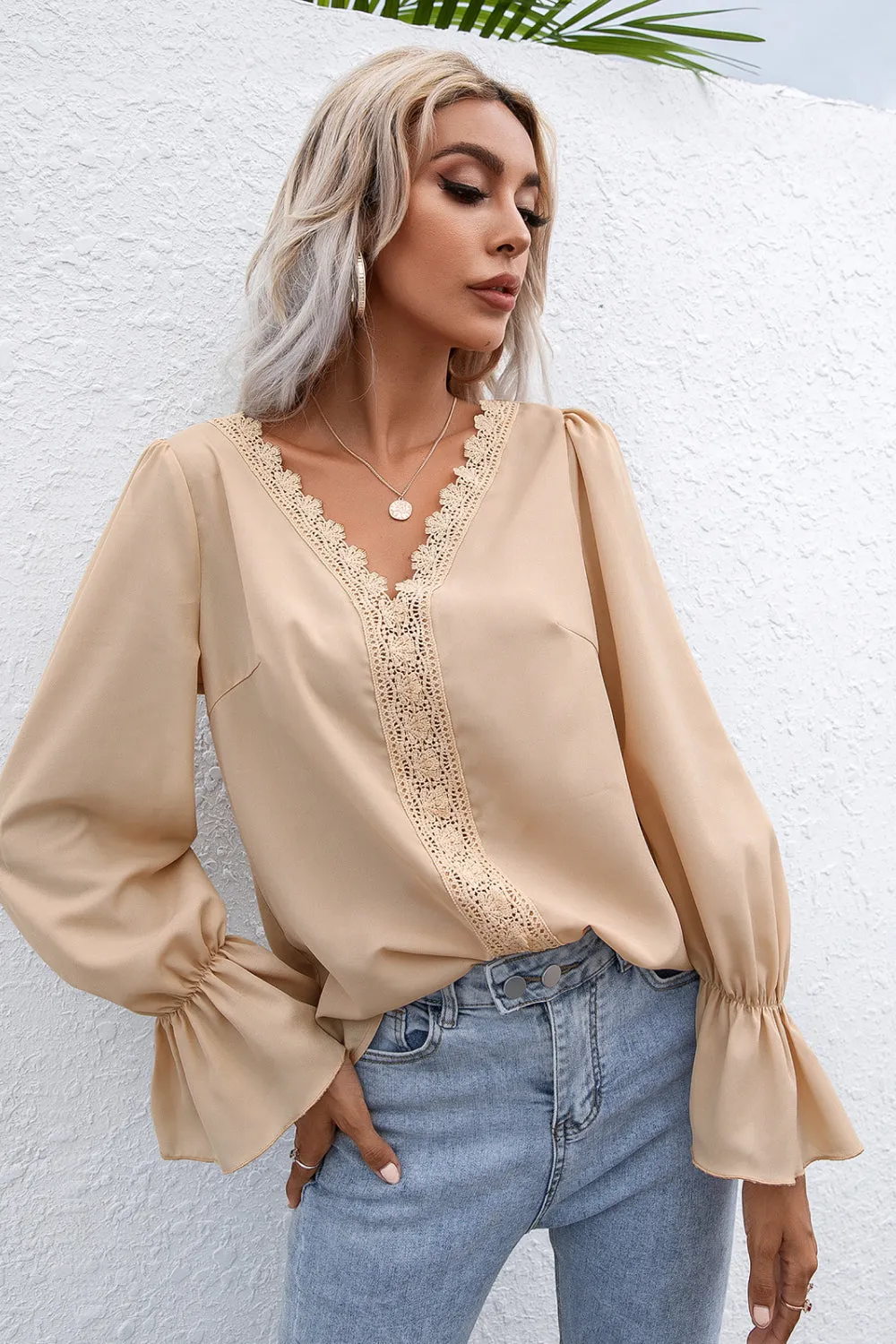 Lace Trim Flounce Sleeve Blouse, 3 Colors