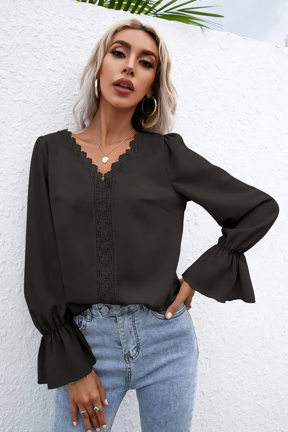 Lace Trim Flounce Sleeve Blouse, 3 Colors